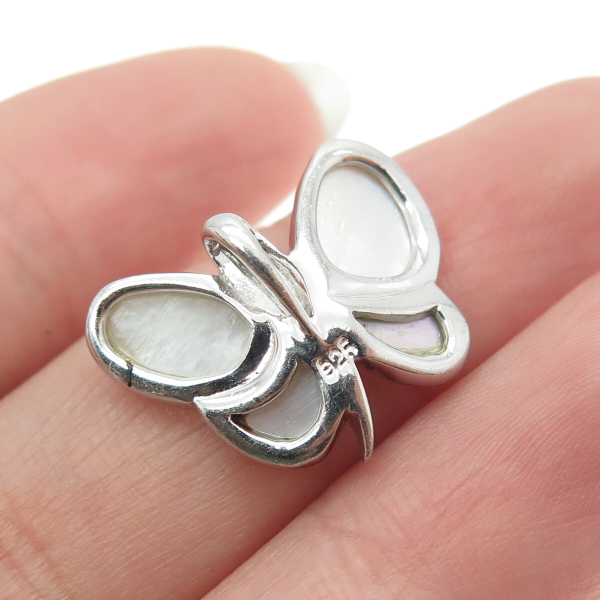925 Sterling Silver Real Mother-of-Pearl Modernist Butterfly Pendant