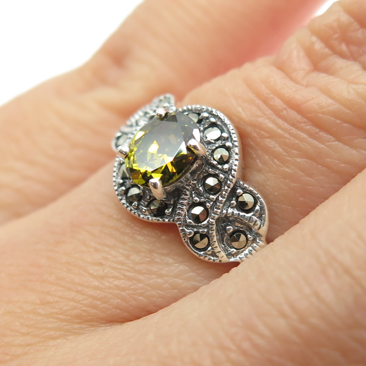 925 Sterling Silver Antique Art Deco Real Citrine & Marcasite Gem Ring Size 5.75