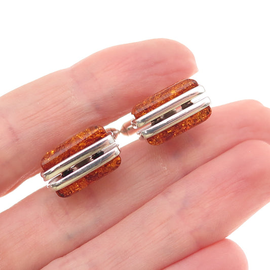 925 Sterling Silver Vintage JV Poland Real Amber Modernist Cufflinks