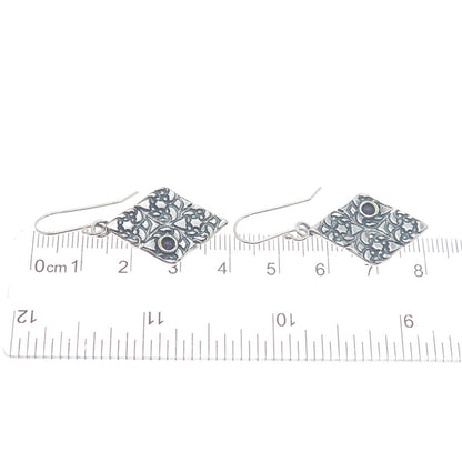 925 Sterling Silver Vintage Real Tourmaline Gem Floral Ornate Oxidized Earrings