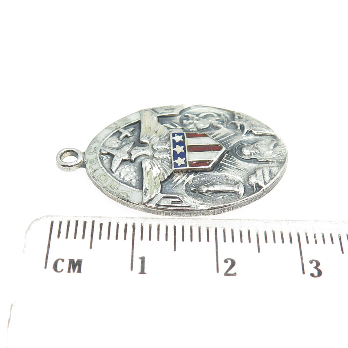 925 Sterling Silver Antique Art Deco Enamel WWII US Army Religious Pendant