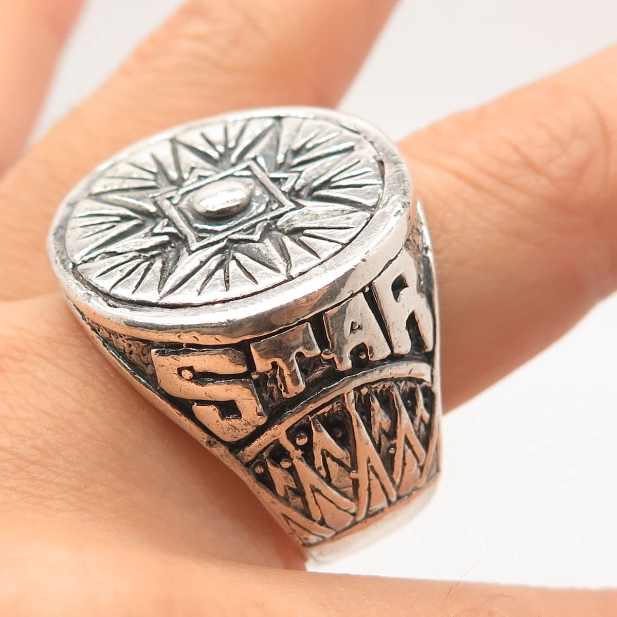 925 Sterling Silver Vintage Star Round Signet Ring Size 13
