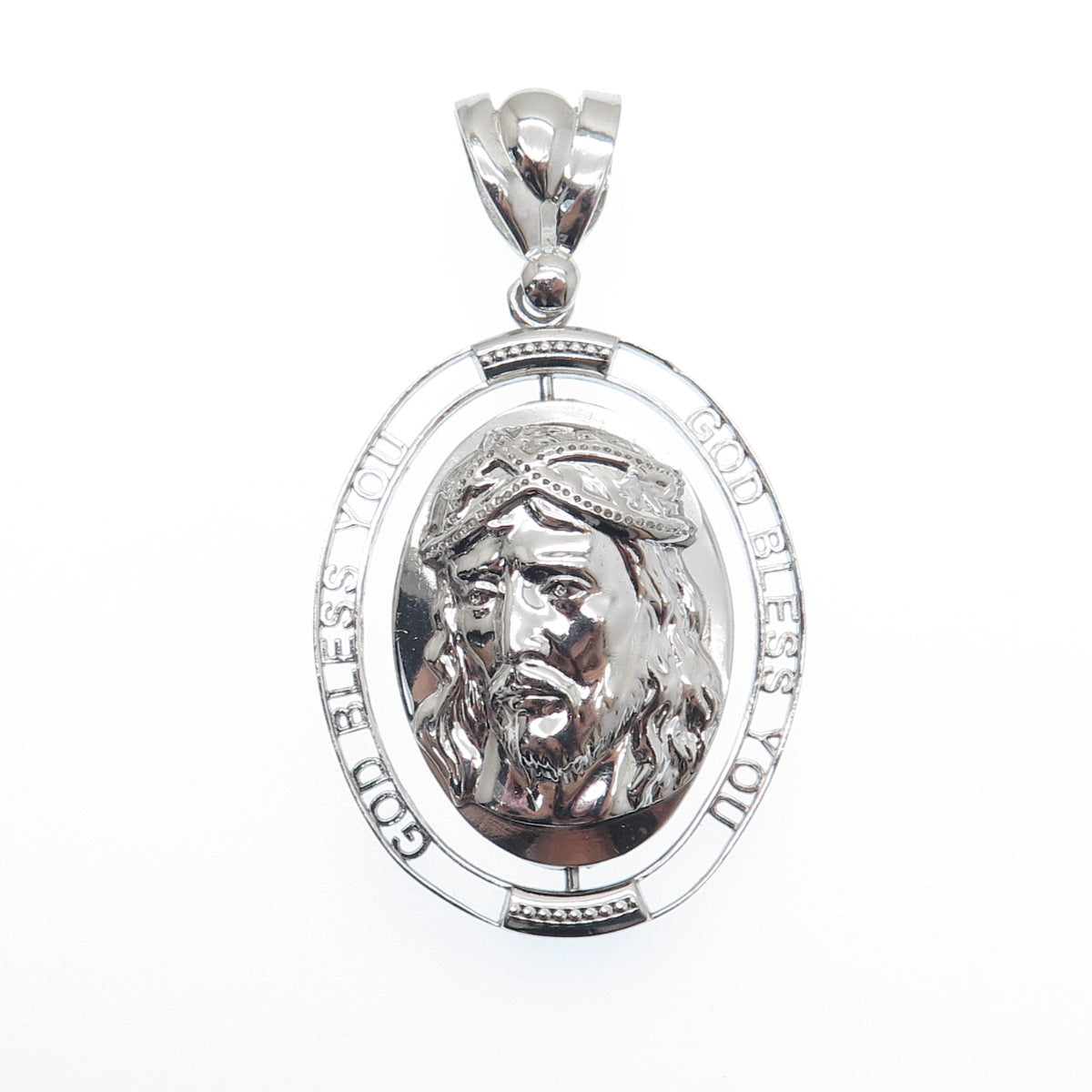 925 Sterling Silver St. Mary & Jesus God Bless You Double Sided Pendant