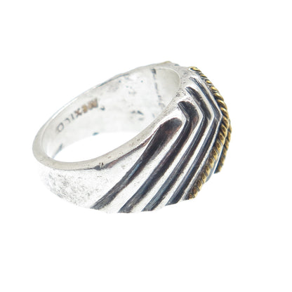 925 Sterling Silver 2-Tone Vintage Mexico Modernist Oxidized Ring Size 6.75