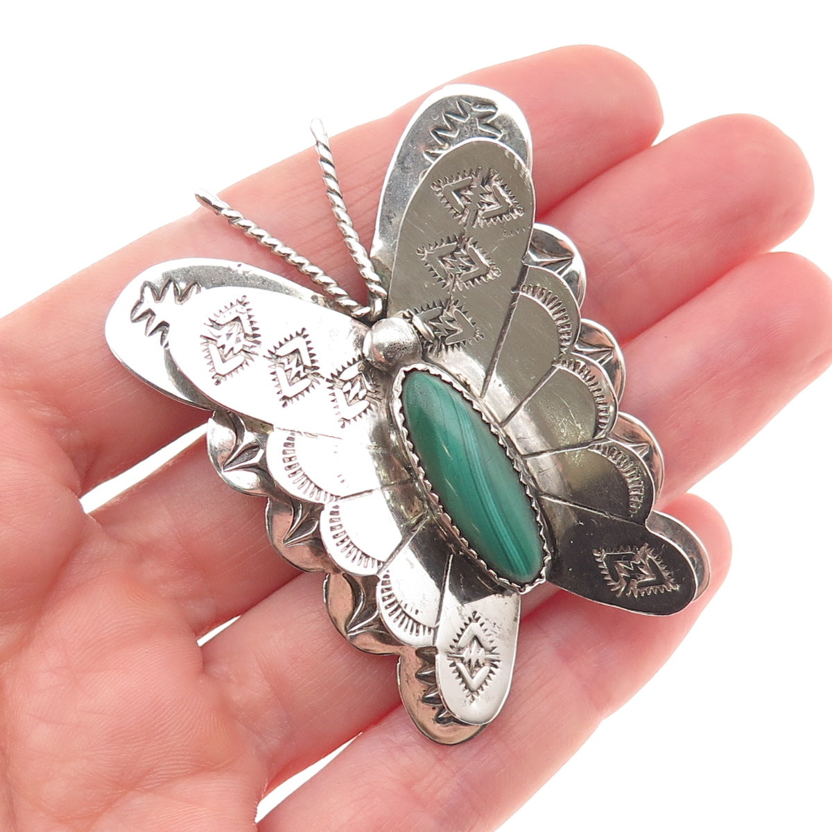 Old Pawn 925 Sterling Silver Vintage Southwestern Malachite Butterfly Pin Brooch