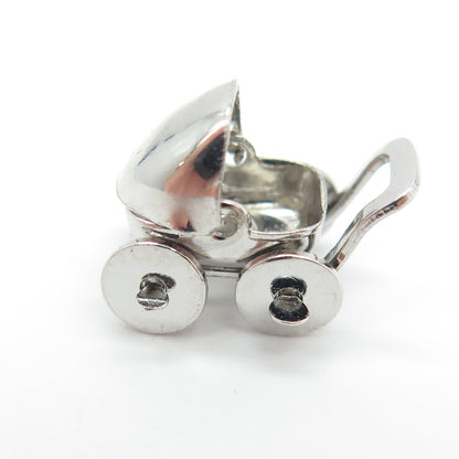 925 Sterling Silver Vintage Baby Carriage Minimalist 3D Charm Pendant