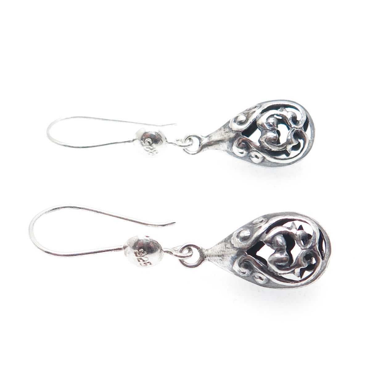 925 Sterling Silver Vintage Heart Teardrop Dangle Oxidized Earrings
