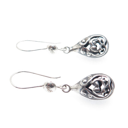 925 Sterling Silver Vintage Heart Teardrop Dangle Oxidized Earrings