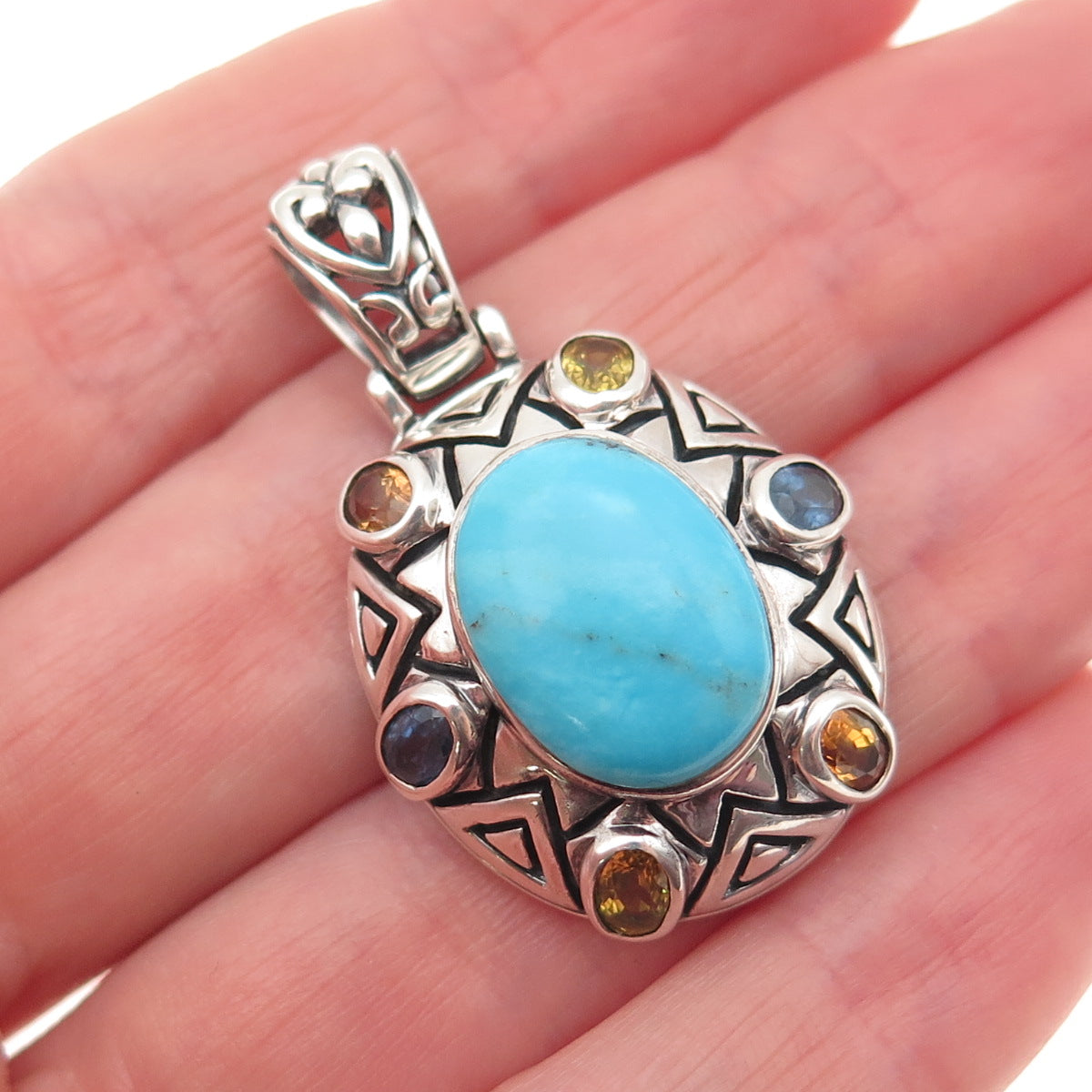 SX Sally C 925 Sterling Vintage Real Turquoise Blue & Yellow Sapphire Pendant