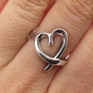 925 Sterling Silver Vintage Modernist Loving Heart Oxidized Ring Size 7.25