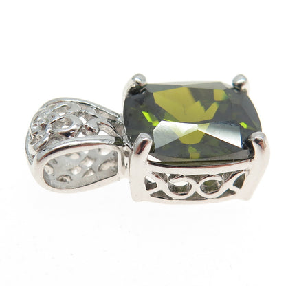 925 Sterling Silver Cushion-Cut Dark Green C Z Pendant