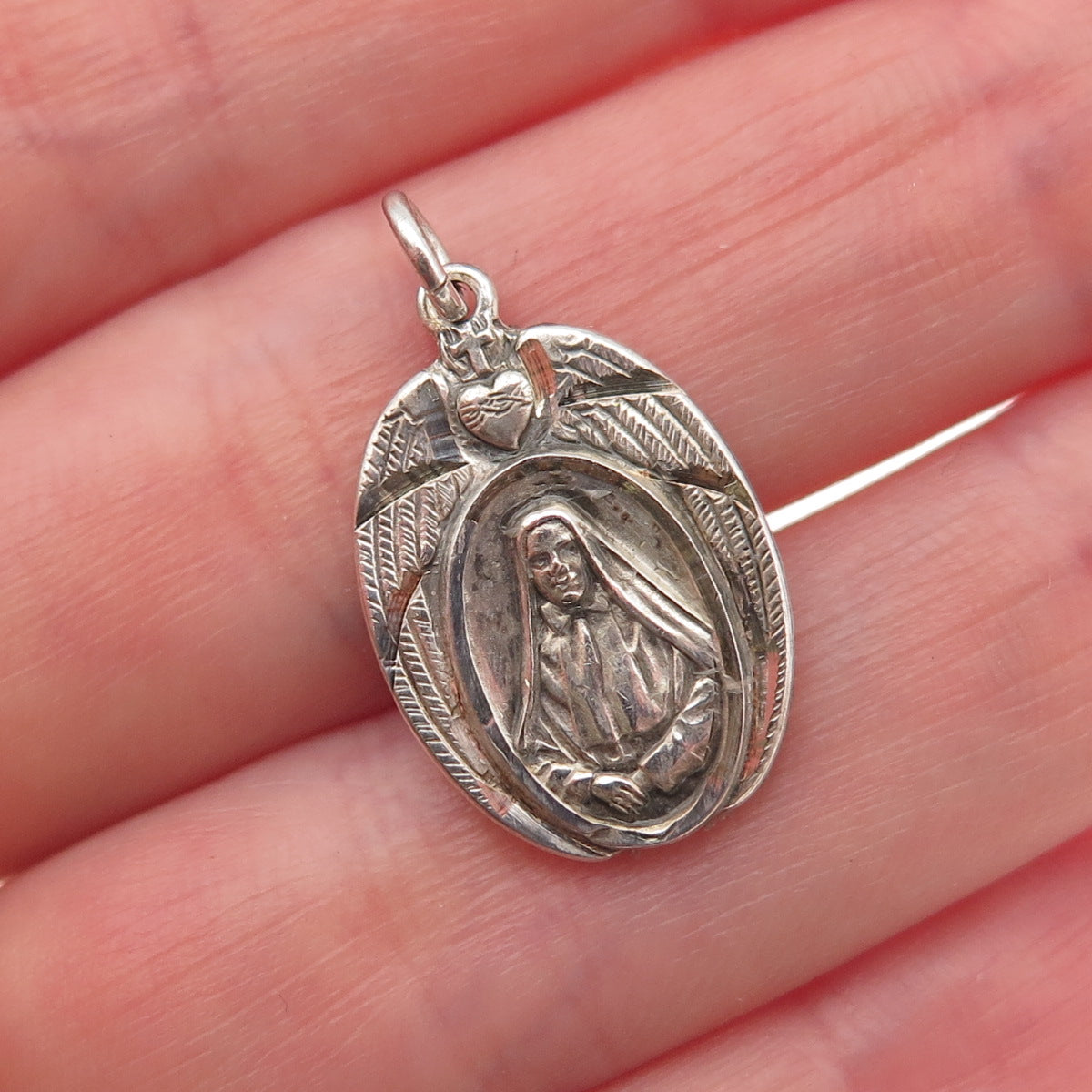 HMH Religious 925 Sterling Antique Art Deco St. Frances Cabrini Charm Pendant