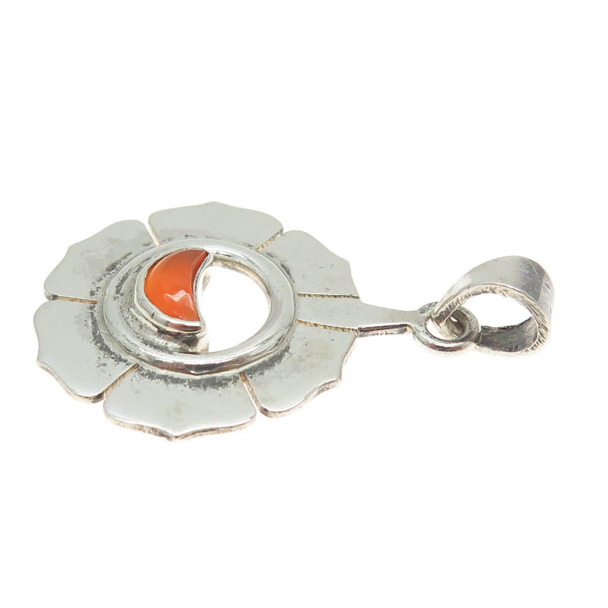 925 Sterling Silver Vintage Real Carnelian Modernist Flower Pendant