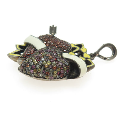 925 Sterling Silver Black Rhodium Enamel Real Multi-Color Sapphire Heart Pendant