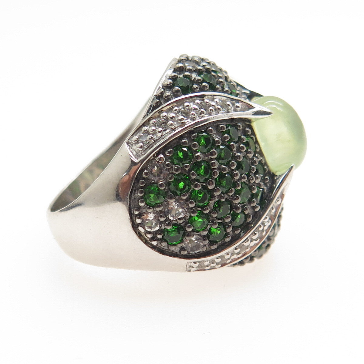 DSMK 925 Sterling Silver Real Prehnite Peridot & White Topaz Dome Ring Size 7.25