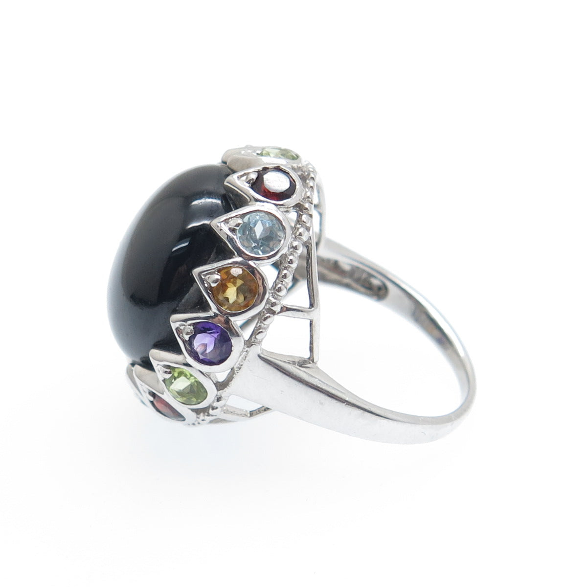 925 Sterling Silver Real Onyx Topaz Amethyst Citrine Peridot Garnet Ring Size 6