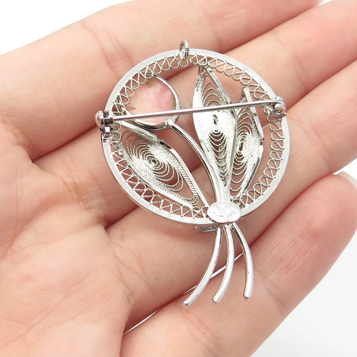 925 Sterling Silver Vintage Real Rhodochrosite Gem Leaf Filigree Pin Brooch