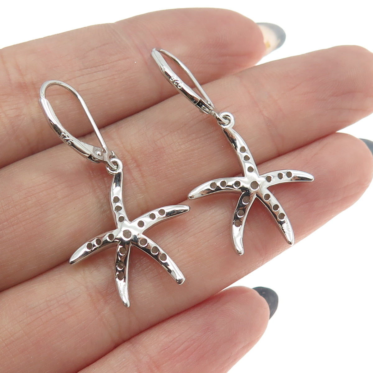 925 Sterling Silver Real Round-Cut Diamond Starfish Dangling Earrings