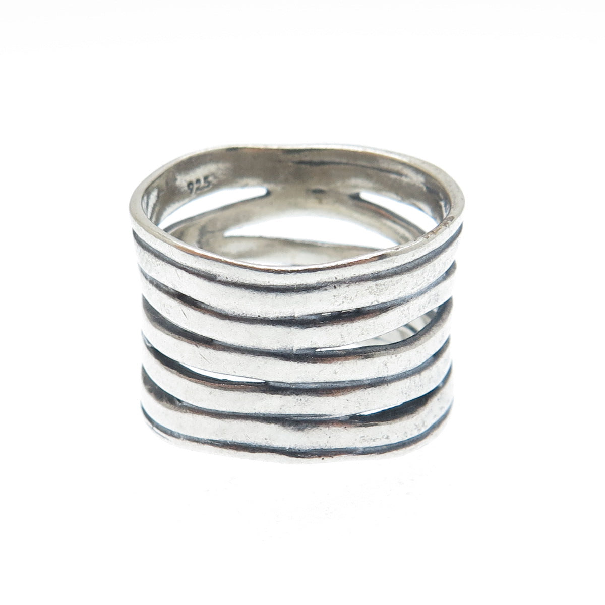925 Sterling Silver Vintage Modernist 5-Wavy Row Oxidized Ring Size 7.25