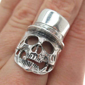 925 Sterling Silver Vintage Skull & Hat Oxidized Biker Ring Size 7.25