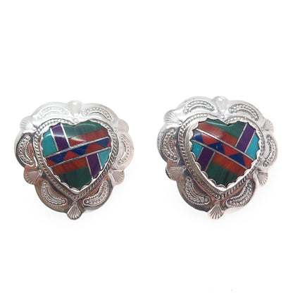 Old Pawn Sterling Silver Turquoise Coral Lapis Sugilite Malachite Heart Earrings