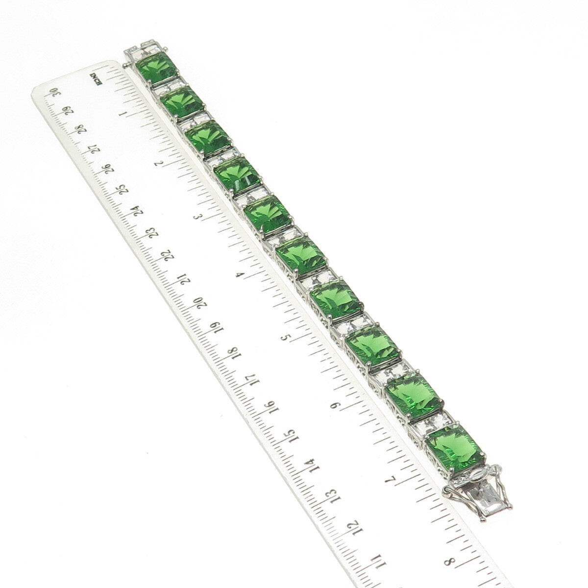 CHUCK CLEMENCY 925 Sterling Silver Green Glass & C Z Panel Link Bracelet 7.5"