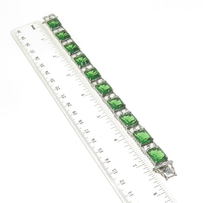 CHUCK CLEMENCY 925 Sterling Silver Green Glass & C Z Panel Link Bracelet 7.5"