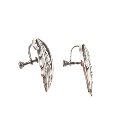 Old Pawn Sterling Silver Vintage Southwestern Feather Tribal Screw Back Earrings