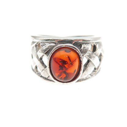 925 Sterling Silver Vintage Real Amber Woven Oxidized Ring Size 5.5