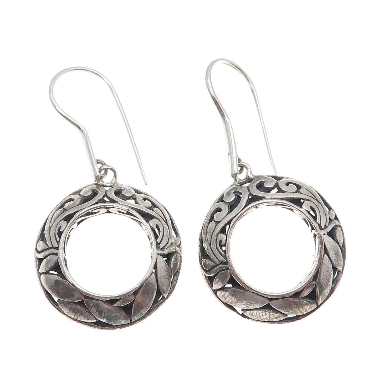 925 Sterling Silver Vintage Floral Ornate Circle Dangle Earrings