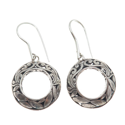 925 Sterling Silver Vintage Floral Ornate Circle Dangle Earrings