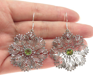 925 Sterling Silver Vintage Real Peridot Spiral Floral Dangle Earrings