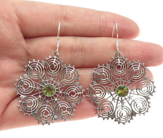 925 Sterling Silver Vintage Real Peridot Spiral Floral Dangle Earrings