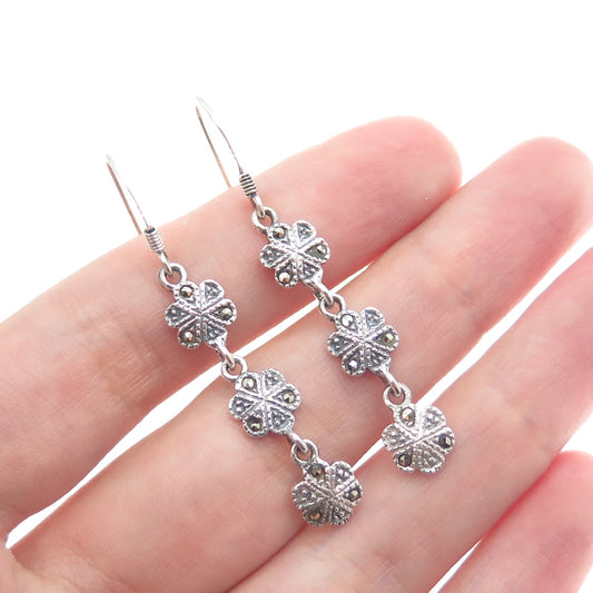925 Sterling Silver Vintage Real Marcasite Flower Drop Dangle Earrings