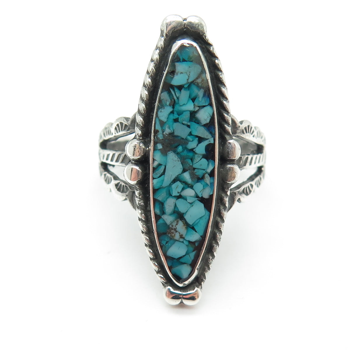 Old Pawn 925 Sterling Silver Vintage Turquoise Inlay Tribal Ring Size 7.25