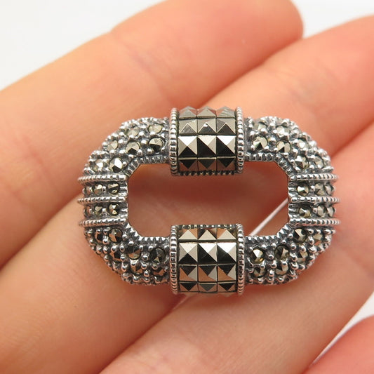 925 Sterling Silver Vintage Judith Jack Real Marcasite Gemstone Pin Brooch