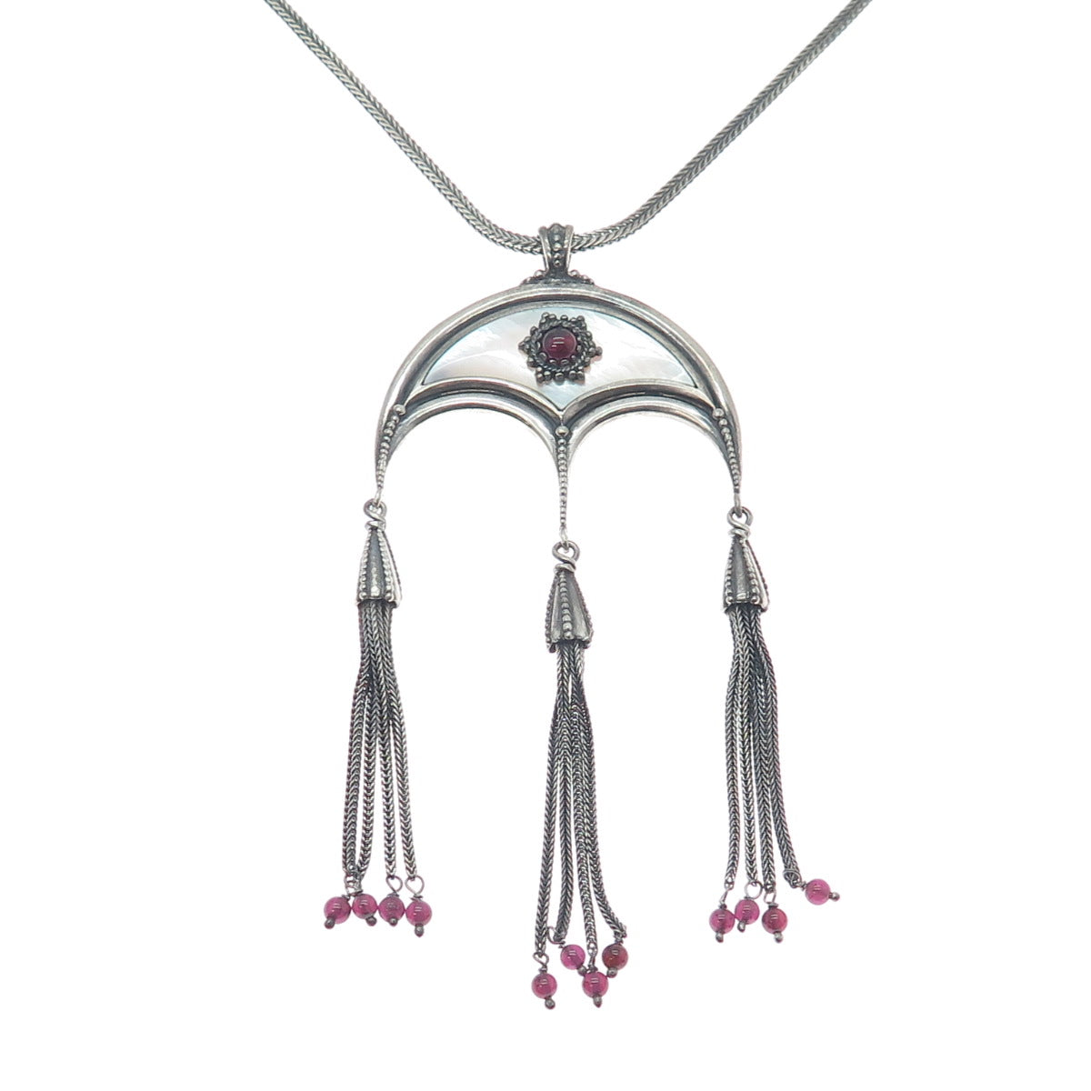 925 Sterling Silver Vintage Real Tourmaline MOP Tassel Spiga Chain Necklace 16"