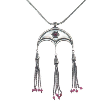 925 Sterling Silver Vintage Real Tourmaline MOP Tassel Spiga Chain Necklace 16"