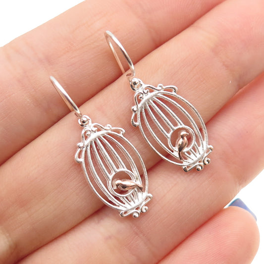 925 Sterling Silver 2-Tone Bird & Cage Dangle Earrings