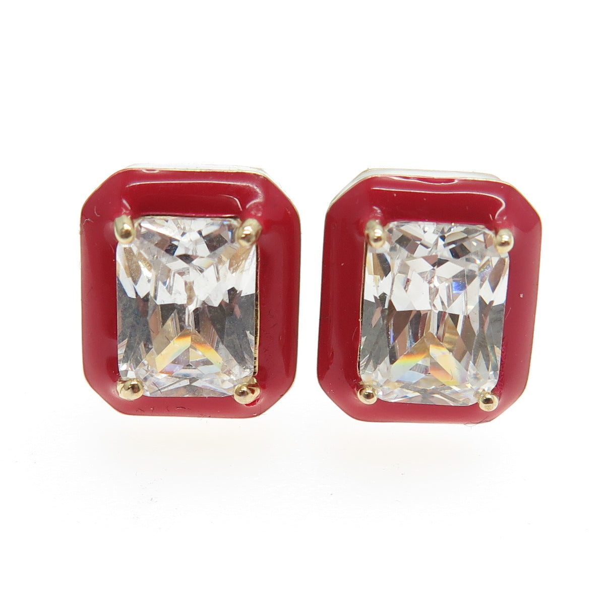 925 Sterling Silver Gold Plated Radiant-Cut Shaped C Z Red Enamel Stud Earrings