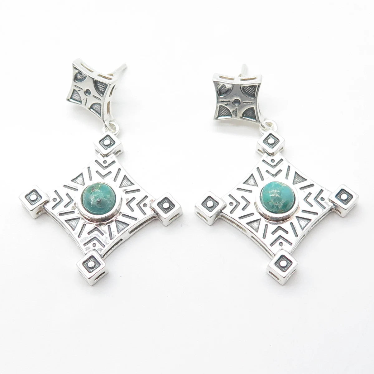 925 Sterling Silver Vintage Real Turquoise Scroll Cross Dangle Drop Earrings