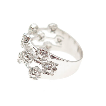 925 Sterling Silver Round-Cut C Z 3-Row Floral Ring Size 7