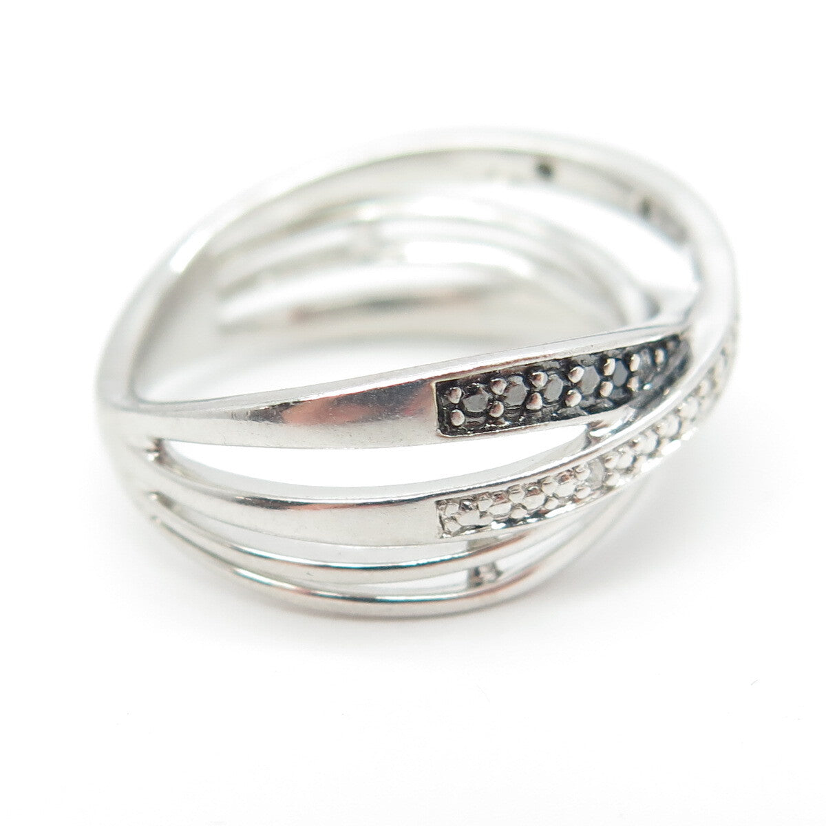 SUN 925 Sterling Silver Real Black & White Diamond Crisscross Ring Size 6.75