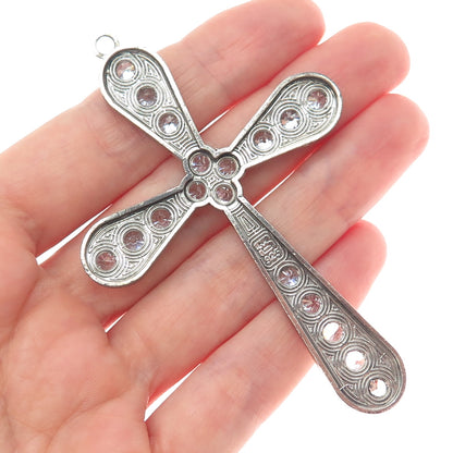 925 Sterling Silver Vintage Round-Cut C Z Cross Oxidized Pendant