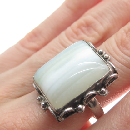 925 Sterling Silver Vintage Real White Agate Gem Oxidized Ring Size 7.75