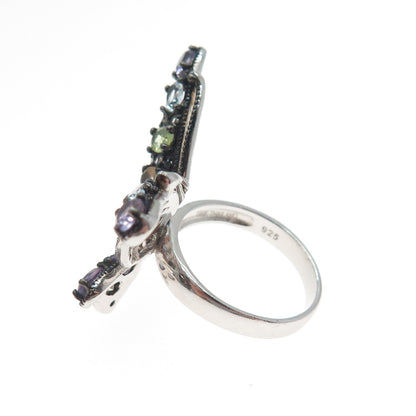 925 Sterling Silver Black Rhodium Real Multi-Color Gem Butterfly Ring Size 6.25