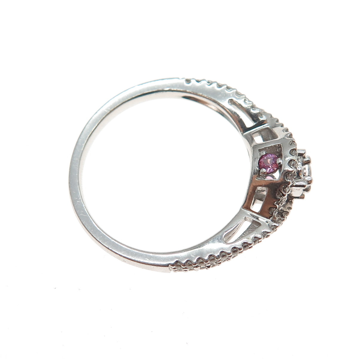 SAI 925 Sterling Silver Real Pink Topaz & Swarovski White Crystal Ring Size 7.25