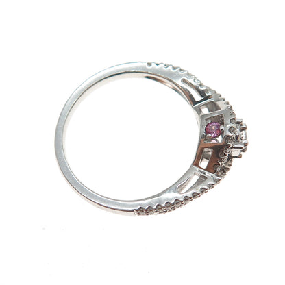 SAI 925 Sterling Silver Real Pink Topaz & Swarovski White Crystal Ring Size 7.25