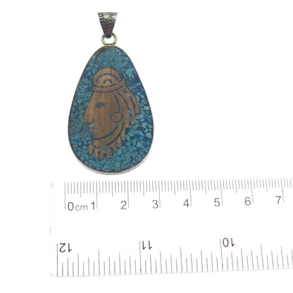 925 Sterling 2-Tone Vintage Metales Mexico Real Turquoise Inlay & Wood Pendant