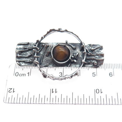 925 Sterling Silver Vintage Real Tiger Eye Modernist Oxidized Pin Brooch Pendant